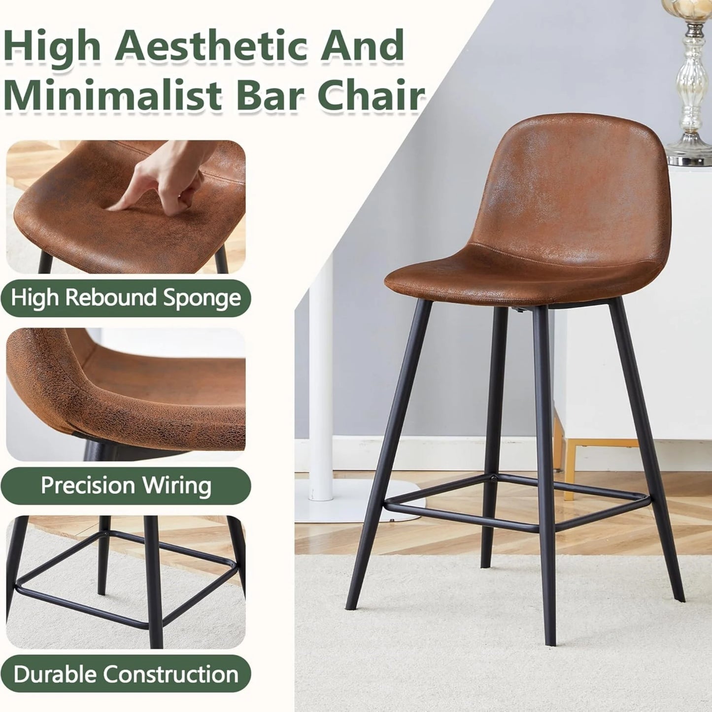 Bar stools Set of 2, Faux Suede Counter Height Bar Stools, Dining Room Chairs with Metal Legs & Soft Backrest, Easy to Assemble
