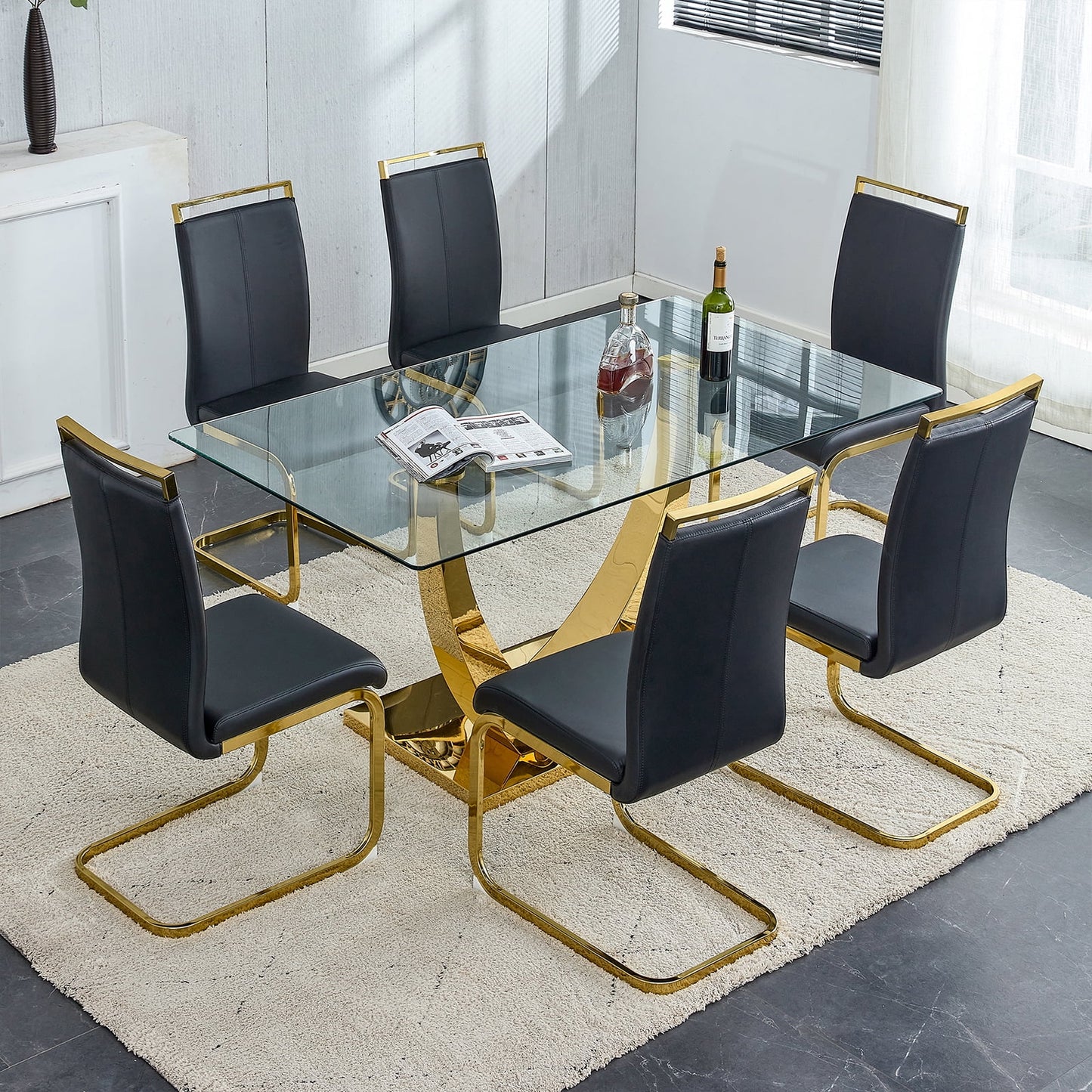 Glass Dining Table Set for 6, Sudica 63"Rectangular Dining Room Table and Leather Dining Chairs Set with Chrome Gold Legs, Black