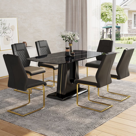 SUDICA 63" Modern Faux Marble Dining Table Set with 4 PU Leather Chairs, Gold Metal Legs, Scratch Resistant, Easy Clean Dining Set for Kitchen, Home, Apartment