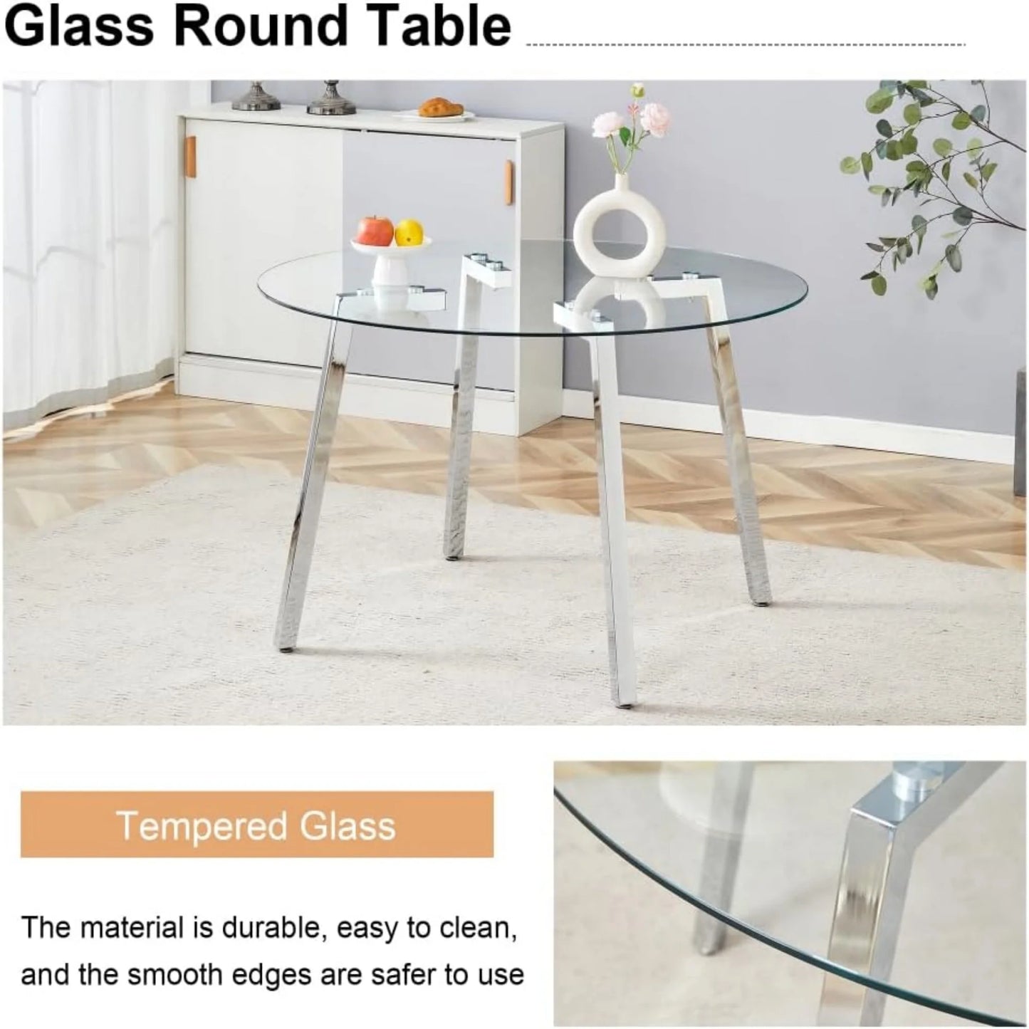 Sudica 47.3"Round Dining Table. Modern Minimalist Kitchen Table Glass with Metal Legs, for Kitchen, Dining Room, Silver