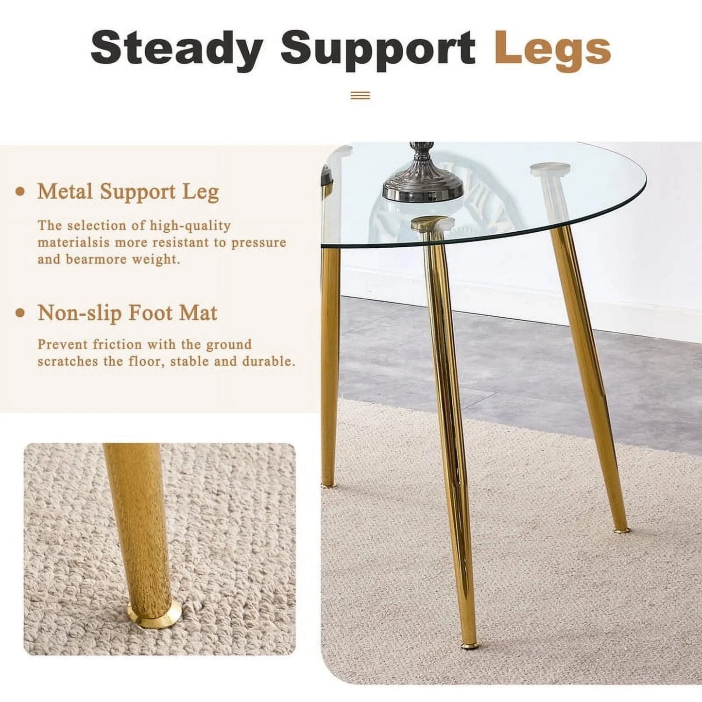 Sudica Round Dining Table Set for 2, 40-Inch Tempered Glass Top with Grey PU Chairs & Gold Legs