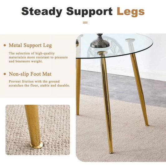Sudica Round Dining Table Set for 2, 40in Tempered Glass & Grey PU Chairs, Gold Legs