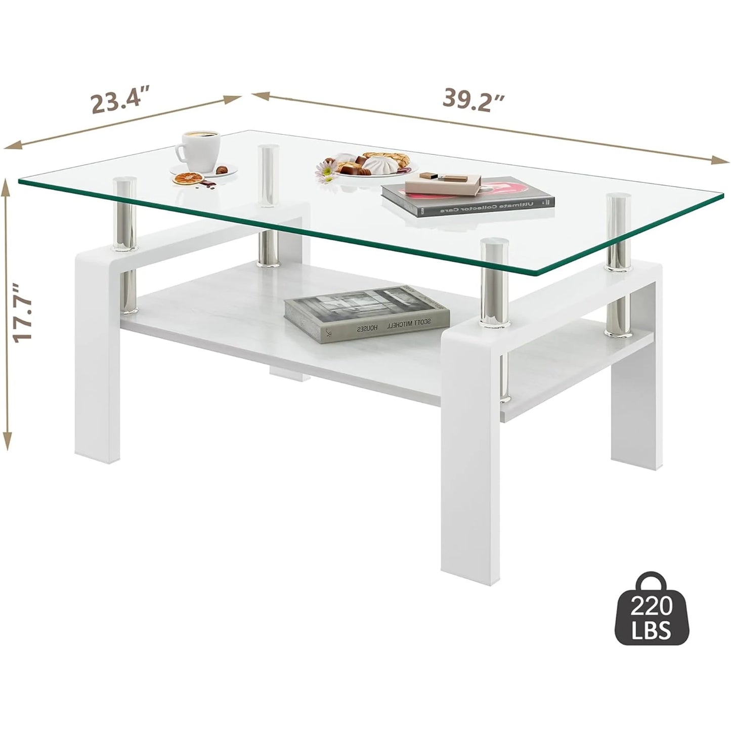 Glass Coffee Table Rectangle Living Room Center Table with Storage, Clear Tempered Glass Tabletop and Smoke Grey Leg,for Living Room and Office (Clear Smoke),Transparent White