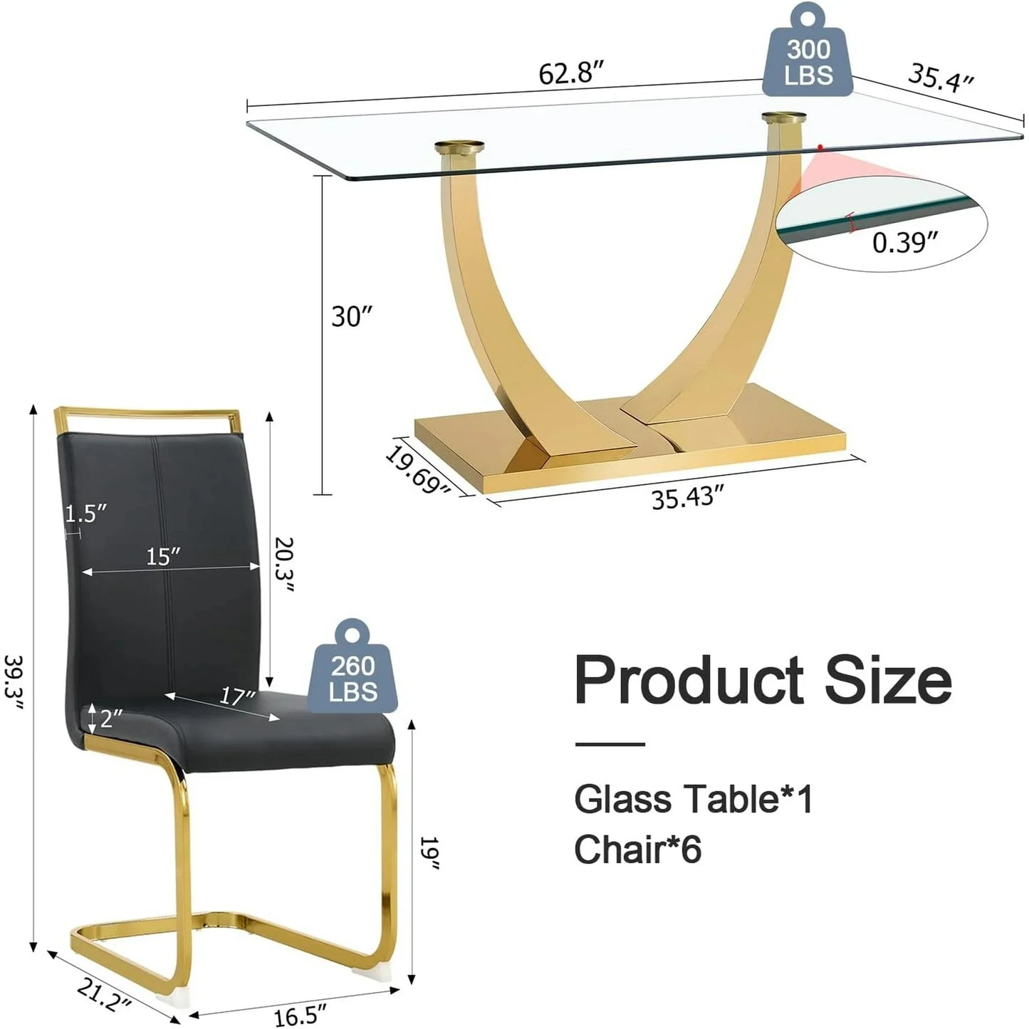 SUDICA Dining Table Set for 6, 63" Glass Top with Black PU Chairs for Dining Room, Gold Base