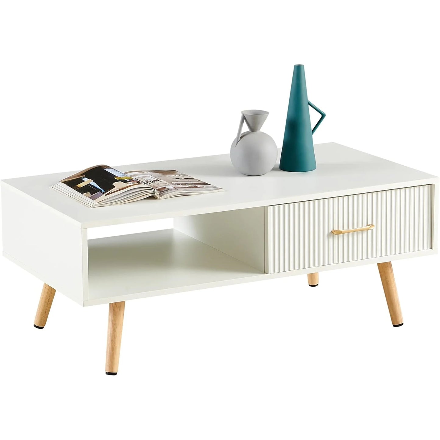 Mid Century Wooden Coffee Table with Stripe Drawer，Modern 41" Large Center Table with Storage，Rectangular White Coffee Tables for Living Room, 2-Tier Cocktail Table, Solid Wood Legs