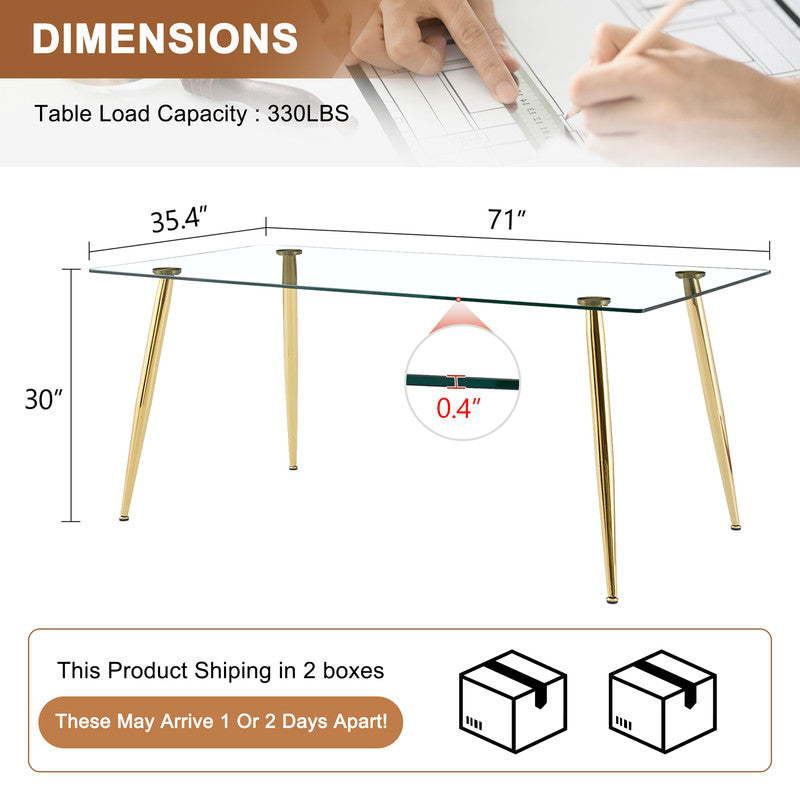 Tempered Glass Dining Table for 6, Sudica 71 inch Modern Rectangular Glass Kitchen Table with 4 Silver Plating Metal Legs