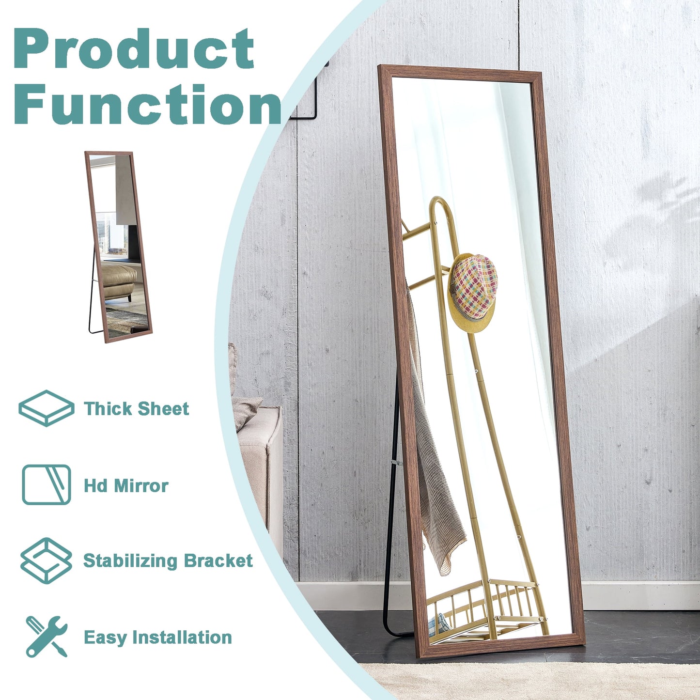 Wood Floor Mirror, 58"x 18" Sudica Thick Wooden Frame Full Body Mirror with Stand, Wall Mirror for Living Room, Brown