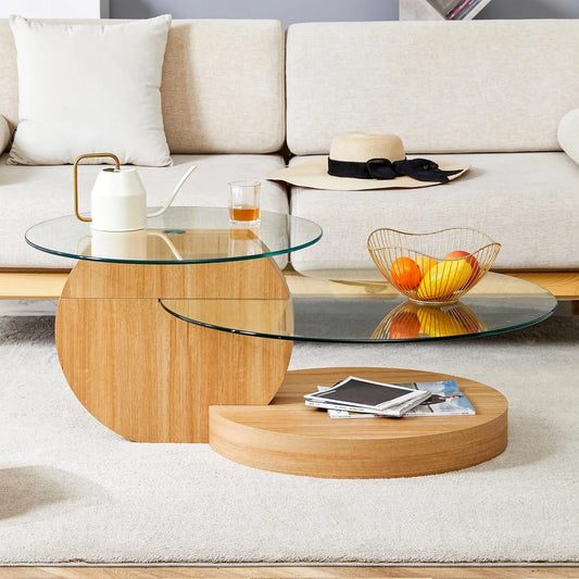 Sudica Modern Coffee Table with Double-layer Round Glass Tabletop 35.4" Tea Table with Light Wood Faux Marble Patterned Base,Center Table for Living Room