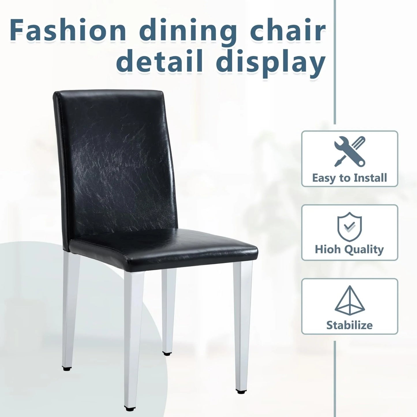 SUDICA Black Faux Leather Dining Chairs Set of 4, Silver Metal Legs for Kitchen & Dining Room