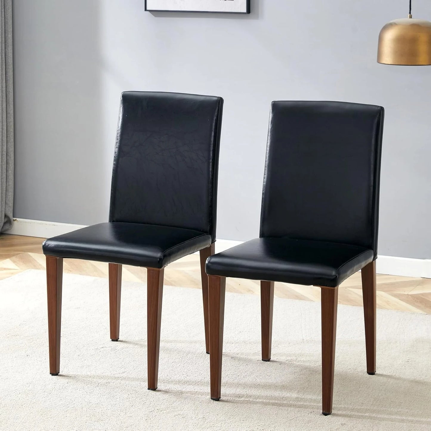 SUDICA Black Faux Leather Dining Chairs Set of 2, Walnut-Finish Metal Legs for Kitchen & Dining