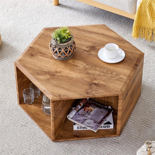 SUDICA Hexagon Wood Coffee Table, Dual-Use Storage Accent Table for Living Room or Corner