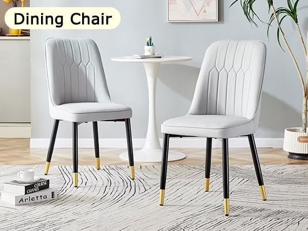 SUDICA Modern Upholstered Dining Chairs Set of 2, Light Gray PU Leather Seats with Black and Gold Metal Legs for Kitchen and Dining Room