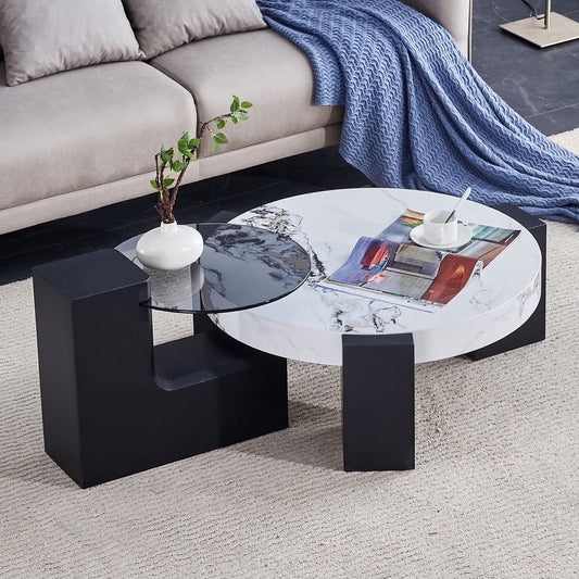 Sudica Detachable Double-decker Coffee Table,30" Round Tea Table with White Faux Marble Tabletop,Center Table for Living Room