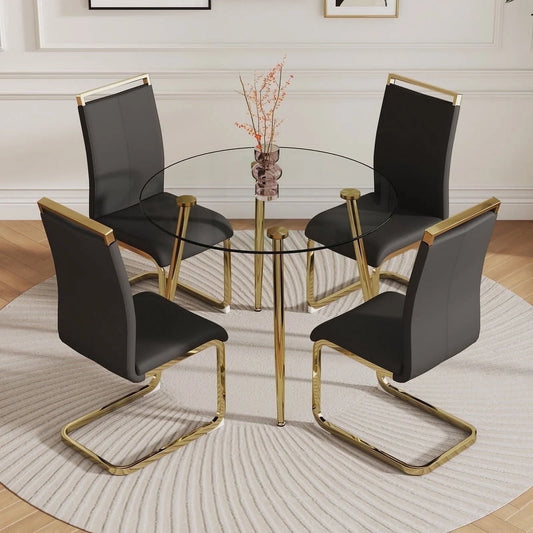 Sudica Round Dining Table Set for 4, 40in Tempered Glass Table with Black PU Chairs & Gold Legs