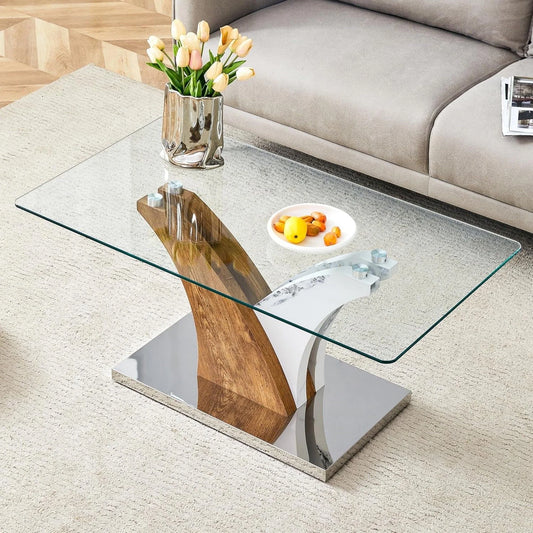 SUDICA Glass Coffee Table, 39.4" Tempered Top, Marble & Wood Grain MDF Base, for Living Room