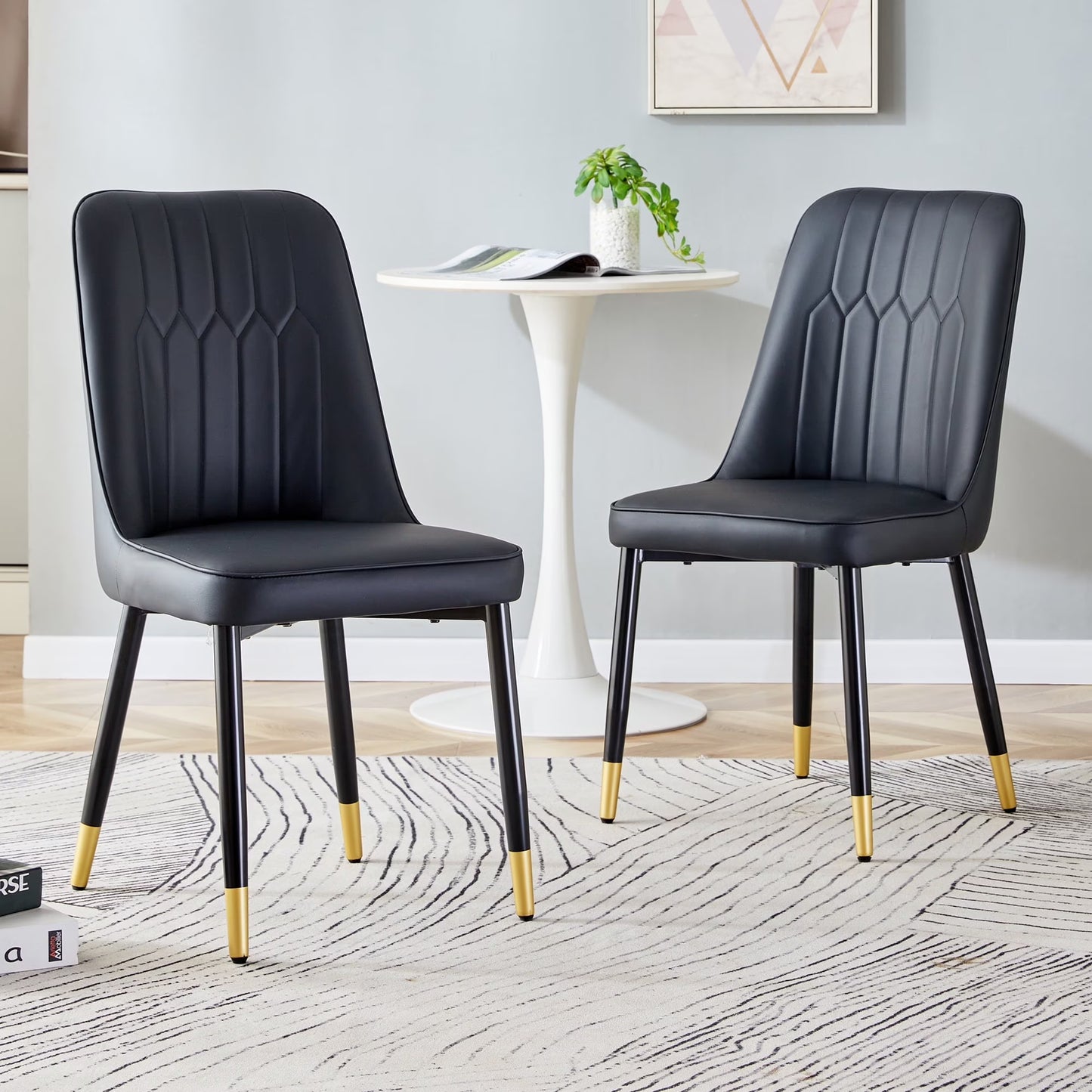 SUDICA Modern Upholstered Dining Chairs Set of 2, Black PU Leather Seats with Gold-Tipped Metal Legs for Kitchen and Dining Room
