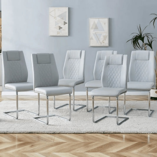 Sudica Upholstered Dining Chairs Set of 6 PU Leather Dining Room Chair with Silver Metal Legs，Light Gray