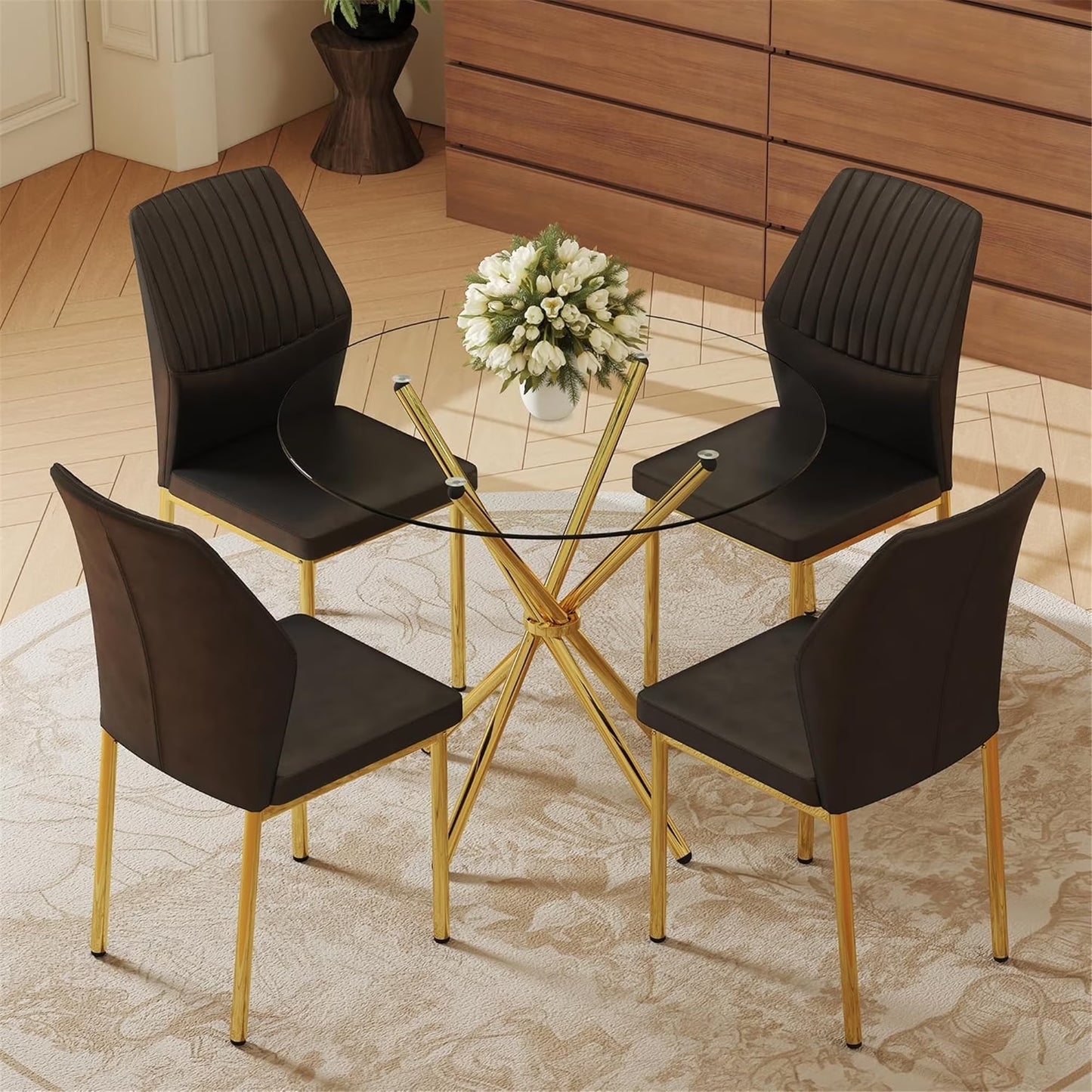36" Glass Dining Table Set for 4, 5-Piece Round Kitchen Table with Ring-Shaped Metal Legs and 4 Upholstered Chairs, Glass Kitchen Table and Chairs Set (Black-Gold)