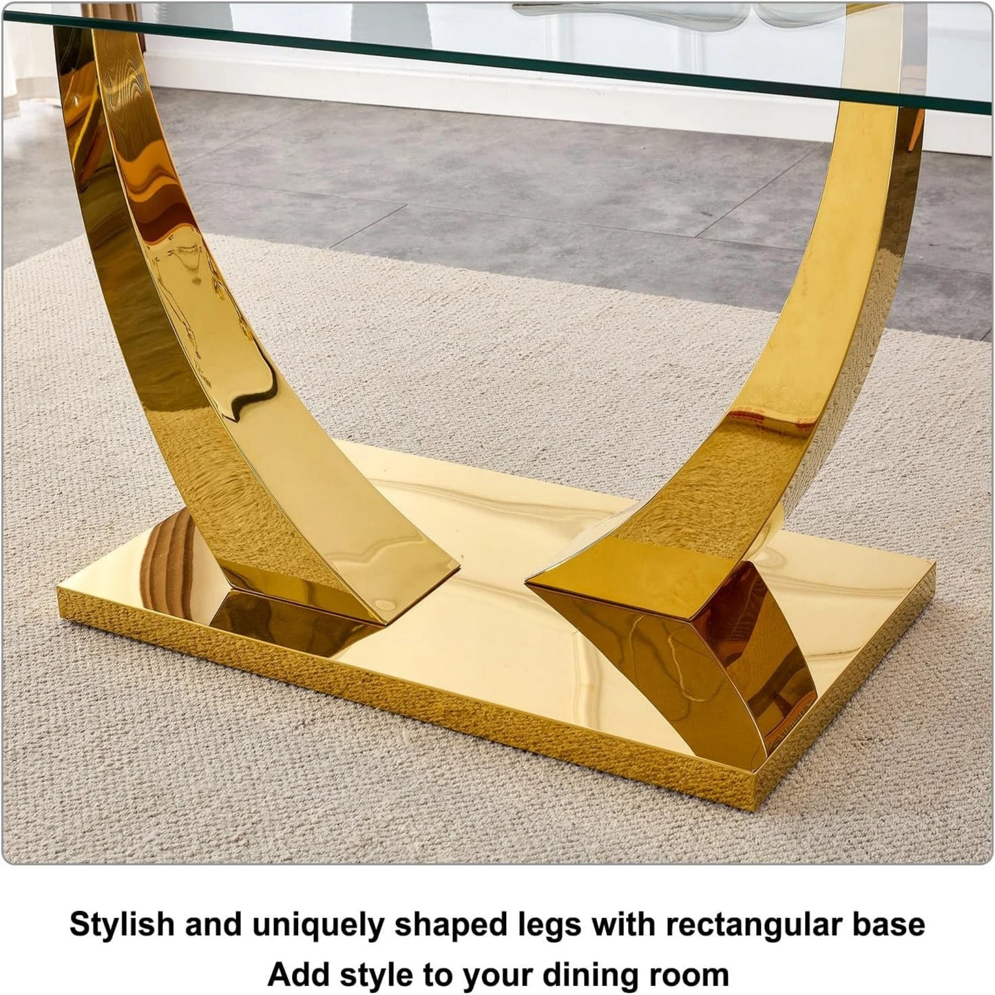 SUDICA 63" Glass Dining Table Set with PU Leather Chairs, Gold Base, for Dining Room, 7-Piece