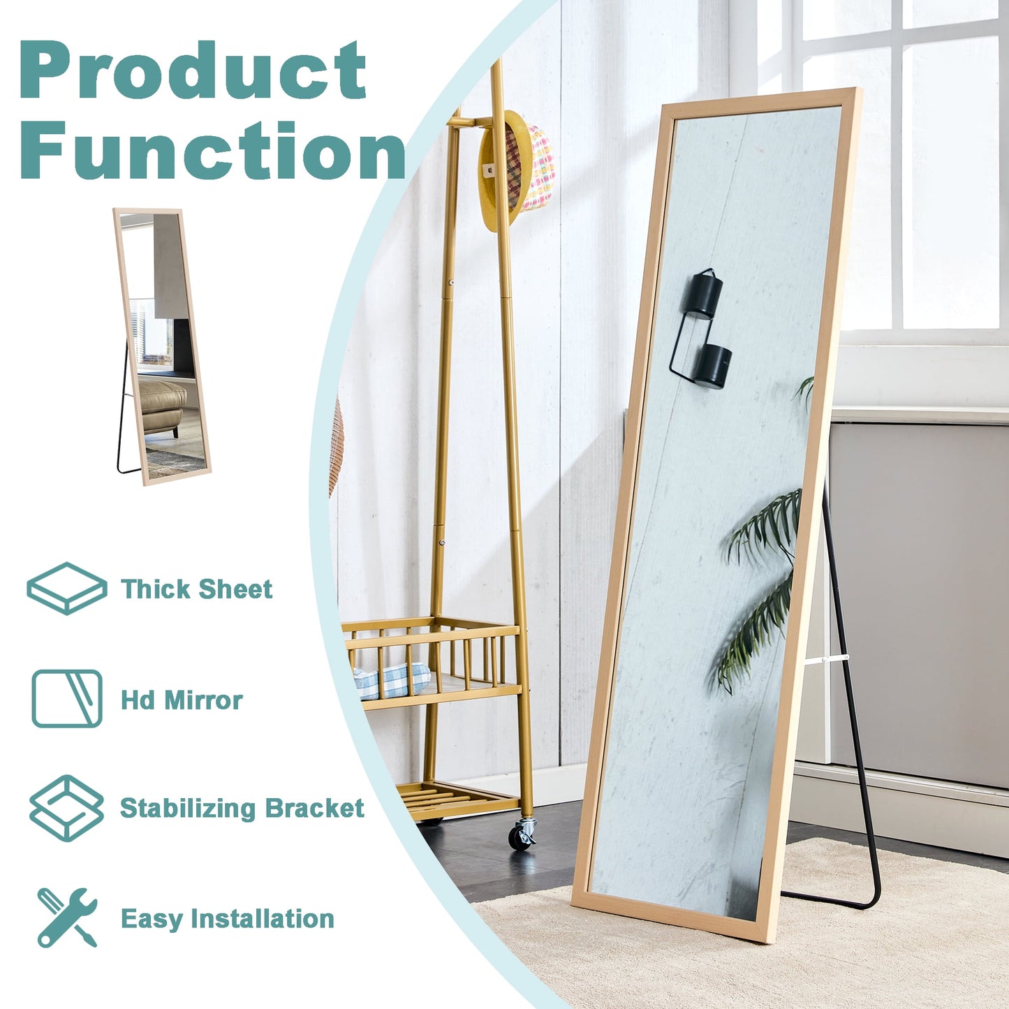 Wood Floor Mirror, 58"x 18" Sudica Thick Wooden Frame Full Body Mirror with Stand, Wall Mirror for Living Room, Wood