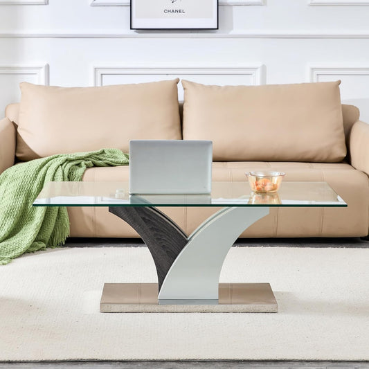 SUDICA Glass Coffee Table, 47" Tempered Clear Top, Modern MDF Base, for Living Room
