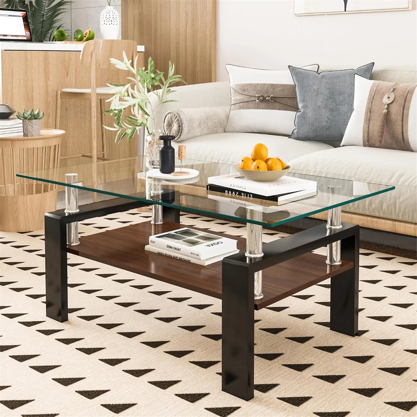 Glass Coffee Table Rectangle Living Room Center Table with Storage, Clear Tempered Glass Tabletop and Smoke Grey Leg,for Living Room and Office (Clear Smoke),Transparent Brown