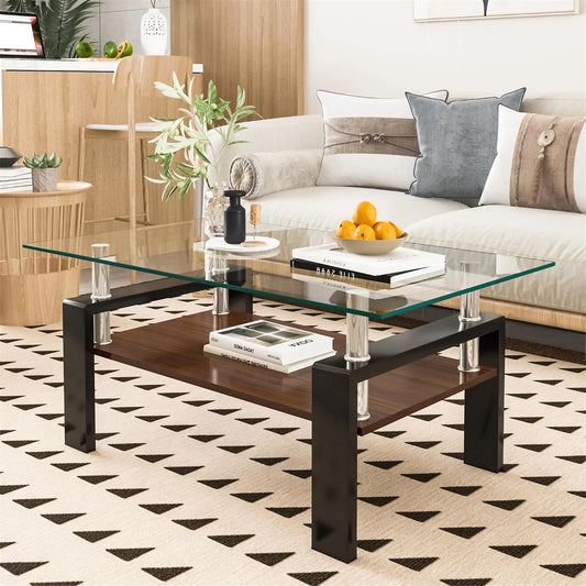 Glass Coffee Table Rectangle Living Room Center Table with Storage, Clear Tempered Glass Tabletop and Smoke Grey Leg,for Living Room and Office (Clear Smoke),Transparent Brown