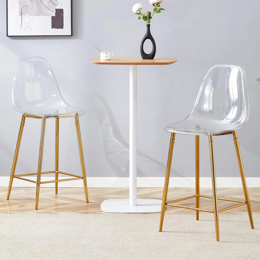 SUDICA Kitchen Island Bar Stools, Counter Height Set Of 2, Transparent PET Seats, Gold Legs, Indoor