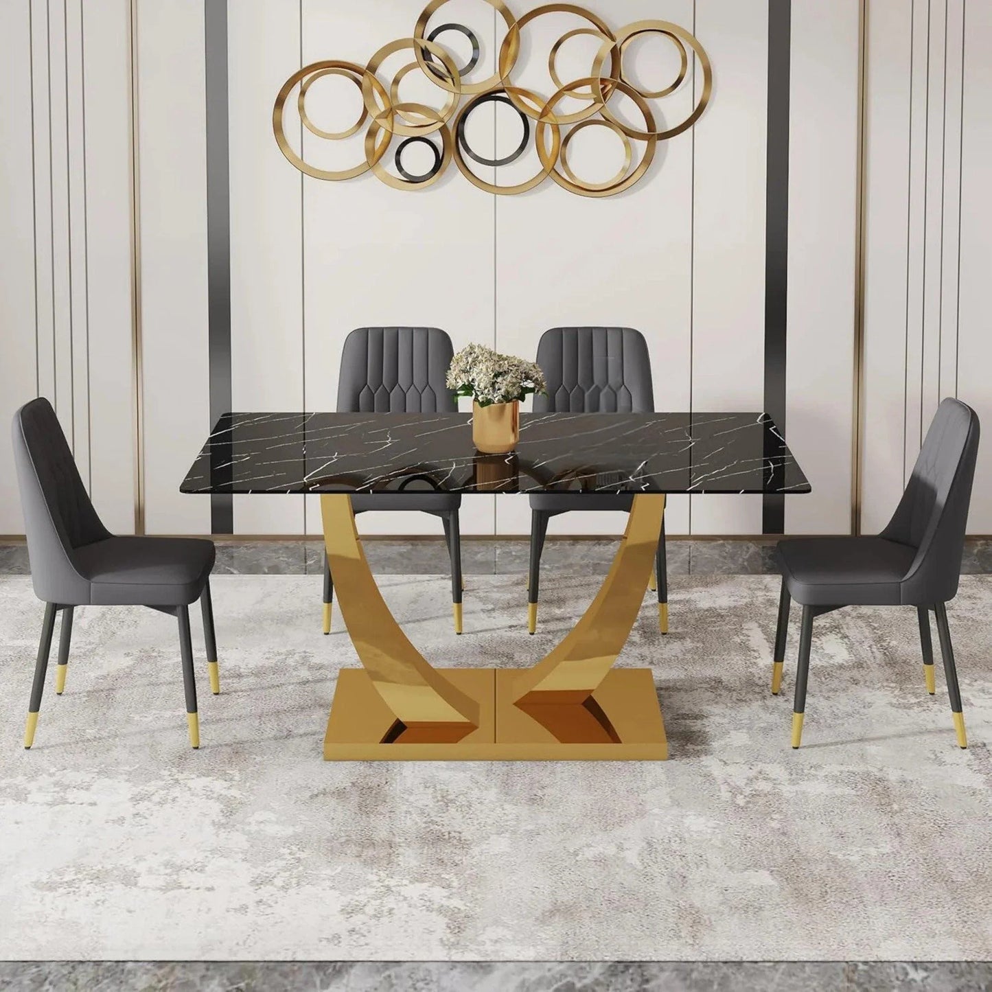 SUDICA 5 Piece Dining Table Set, Faux Marble Glass Top, Gold Base, PU Chairs for Dining Room