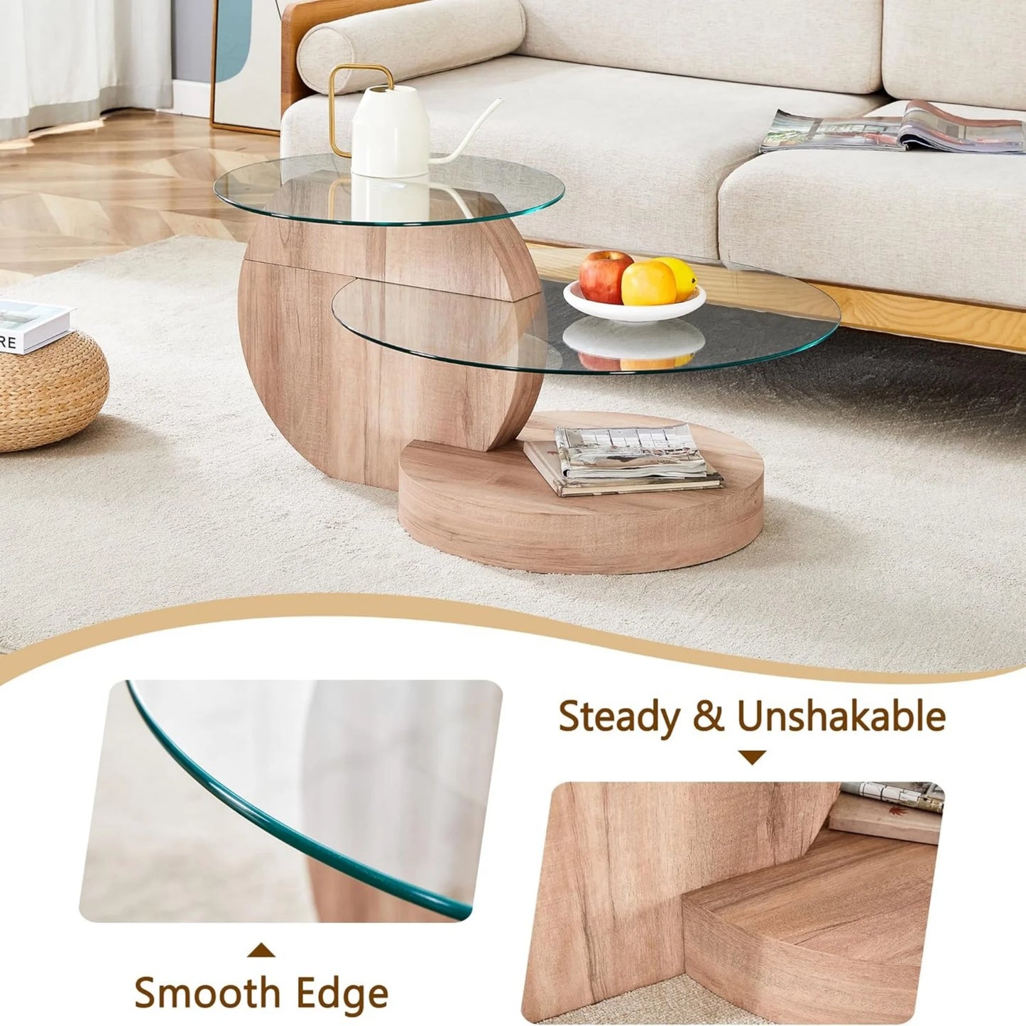 Sudica Modern Coffee Table with Double-layer Round Glass Tabletop 35.4" Tea Table with Wood Faux Marble Patterned Base,Center Table for Living Room