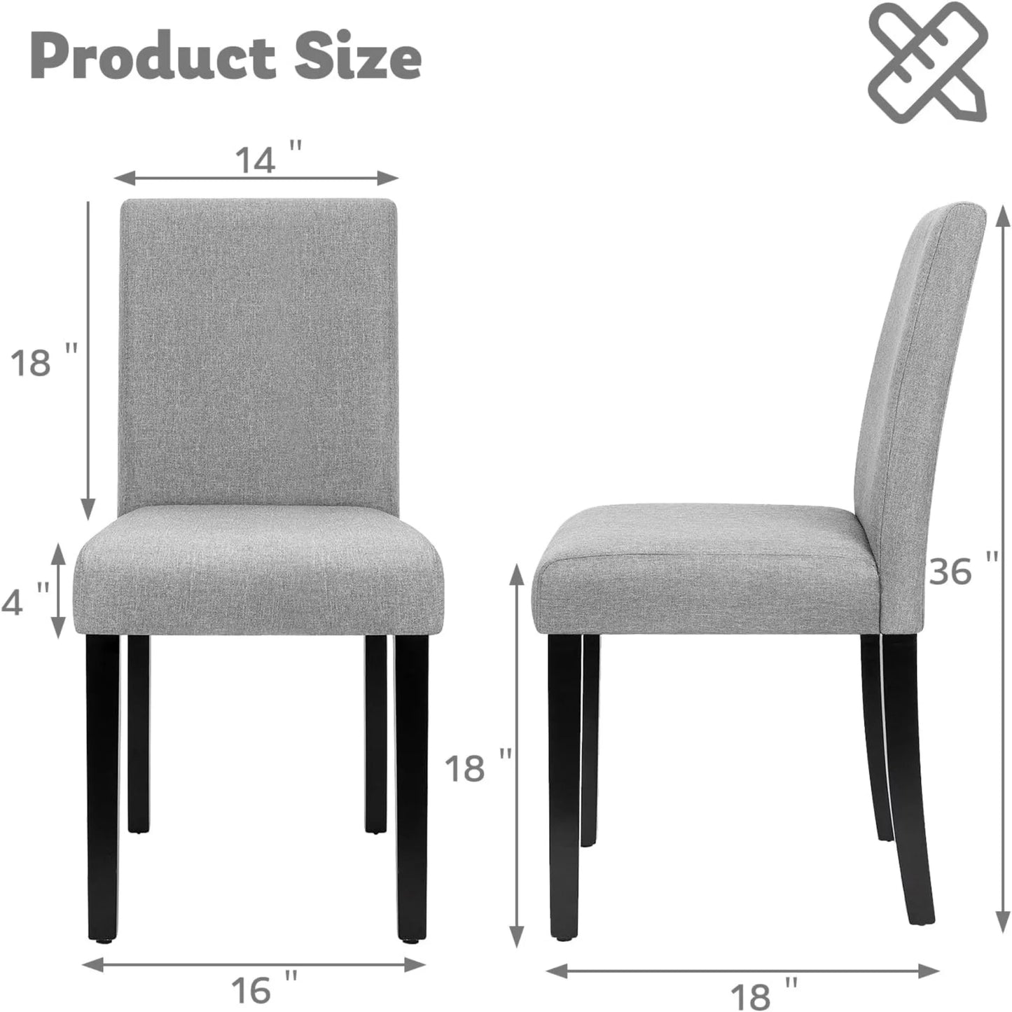 SUDICA Gray Fabric Dining Chairs Set of 2, Upholstered Parsons Style with Metal Legs for Kitchen