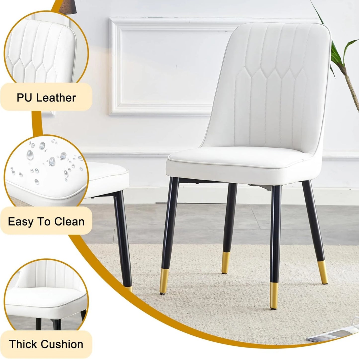 SUDICA 63" Dining Table Set, Black Faux Marble Glass Top, White PU Leather Chairs, Set of 6