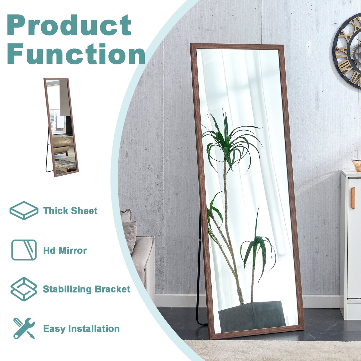 Wood Floor Mirror, 65"x 23 inch Sudica Thick Wooden Frame Full Body Mirror with Stand, Wall Mirror for Living Room, Brown