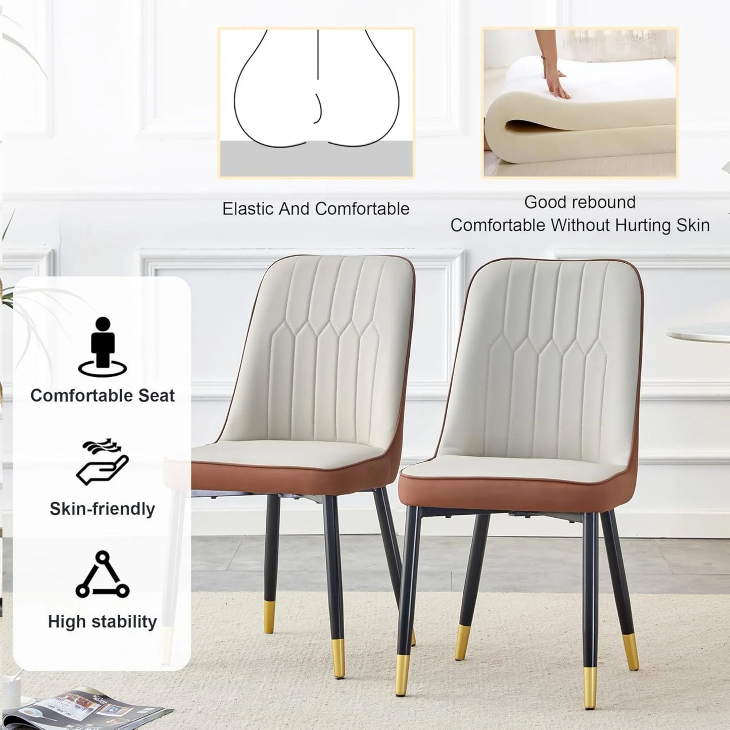 SUDICA 63" Glass Dining Table Set for 6, Gray-Brown PU Chairs, Gold Base for Villa Dining Room