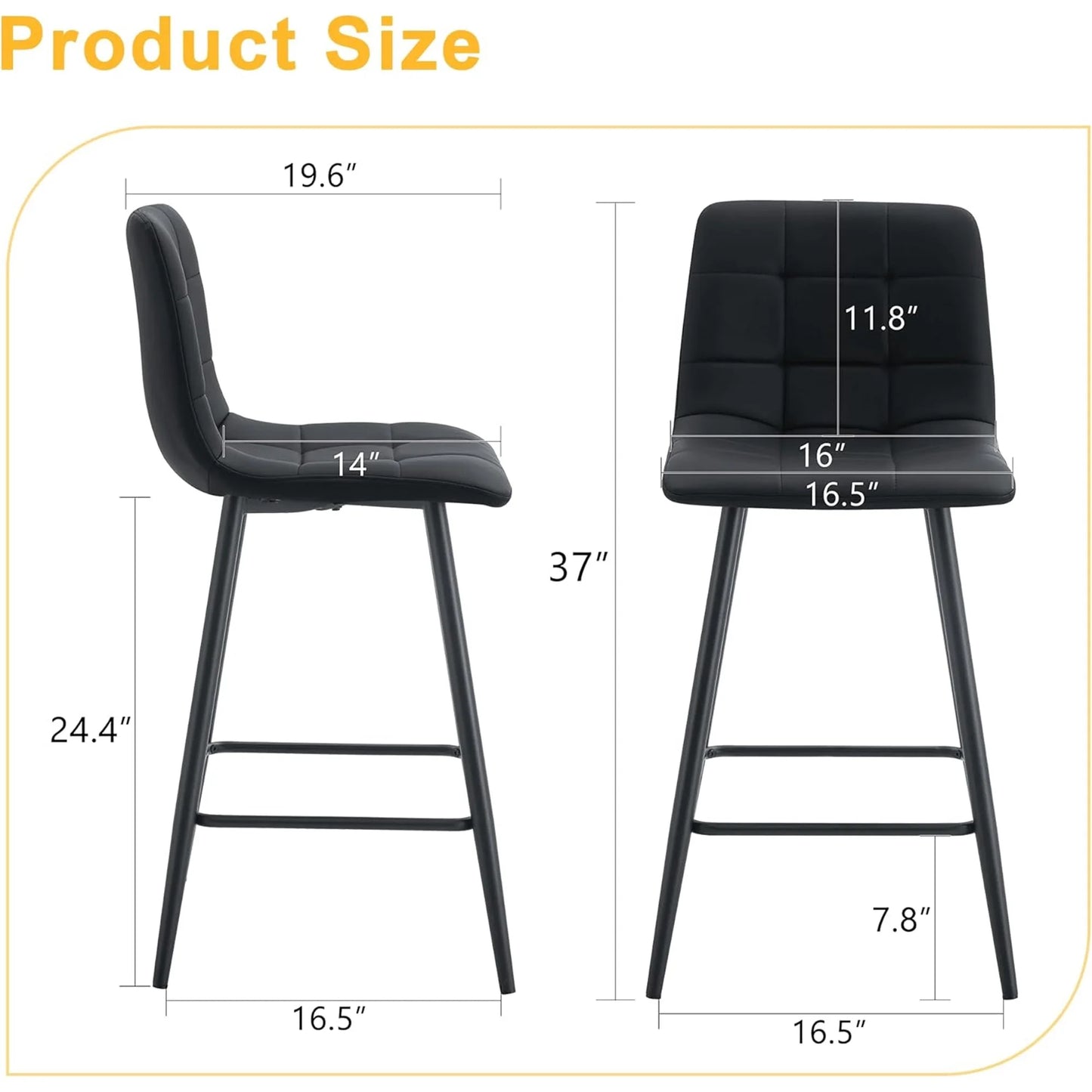 SUDICA 24.4" Counter Height Bar Stools, Black PU Leather, Metal Legs, Set of 2