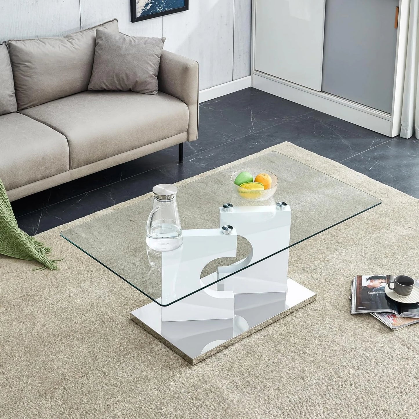 Sudica Glass Rectangular Coffee Table, 47" Modern Tea Table with Tempered Glass Tabletop and White Legs for Living Room.