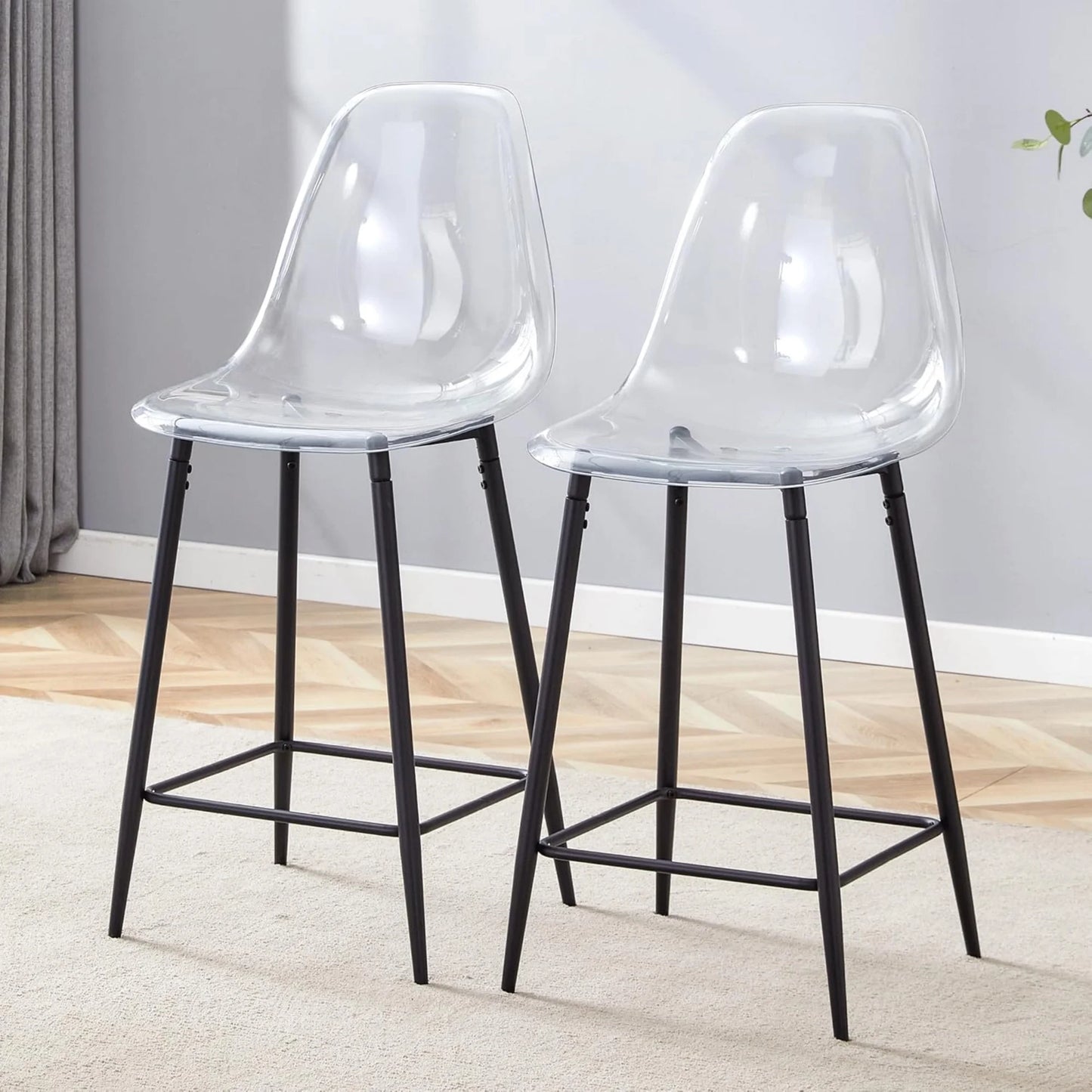 SUDICA Clear Acrylic Counter Height Bar Stools Set of 2 with Black Powder‑Coated Metal Frame