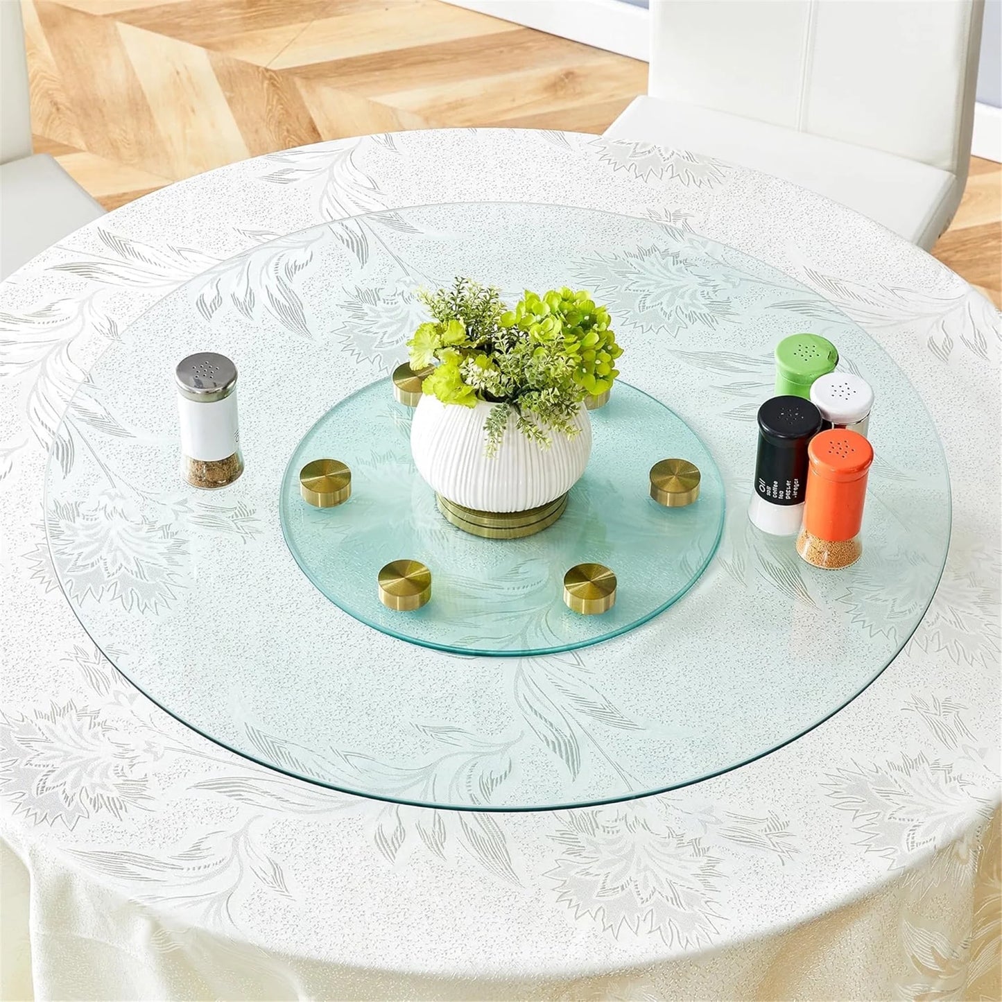 SUDICA 30.3" Transparent Tempered Glass Lazy Susan with Gold Base, Extra Large Rotating Round Dining Turntable