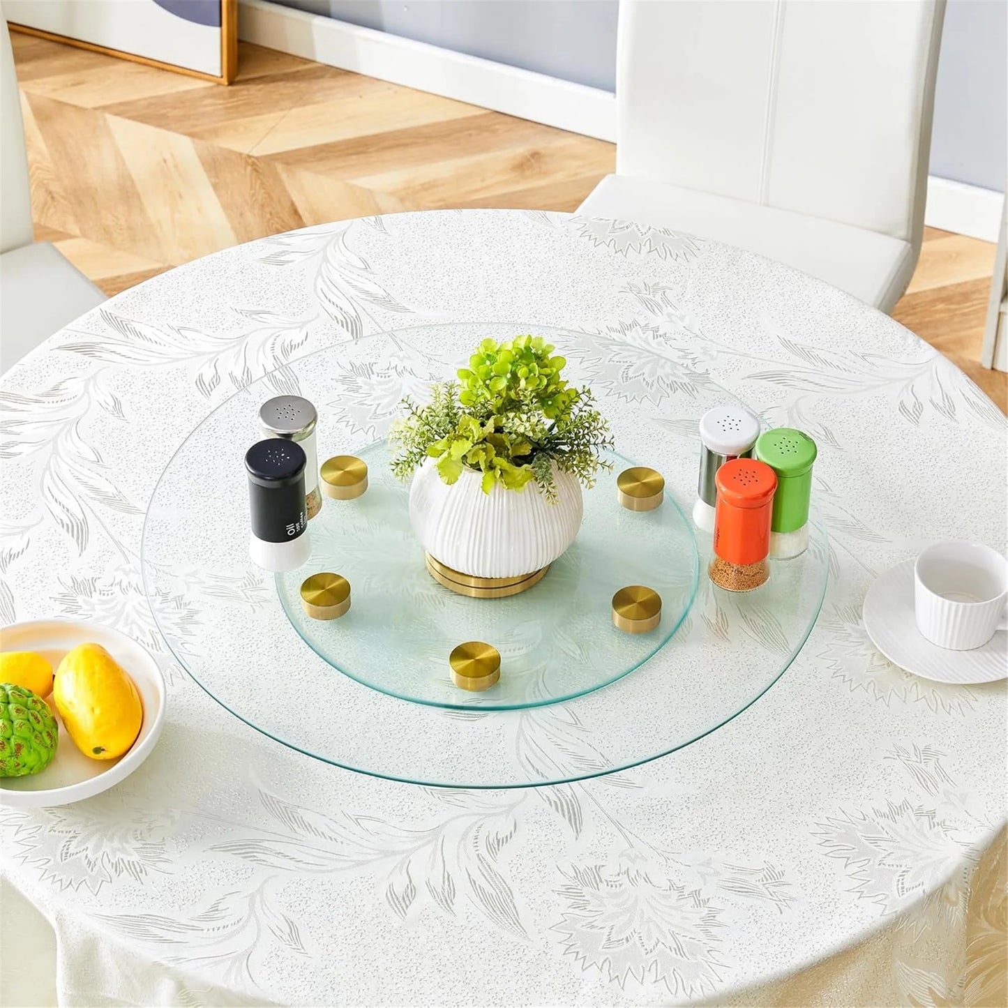 SUDICA 24" Transparent Tempered Glass Lazy Susan Turntable with Gold Base, Large Rotating Dining Table Top