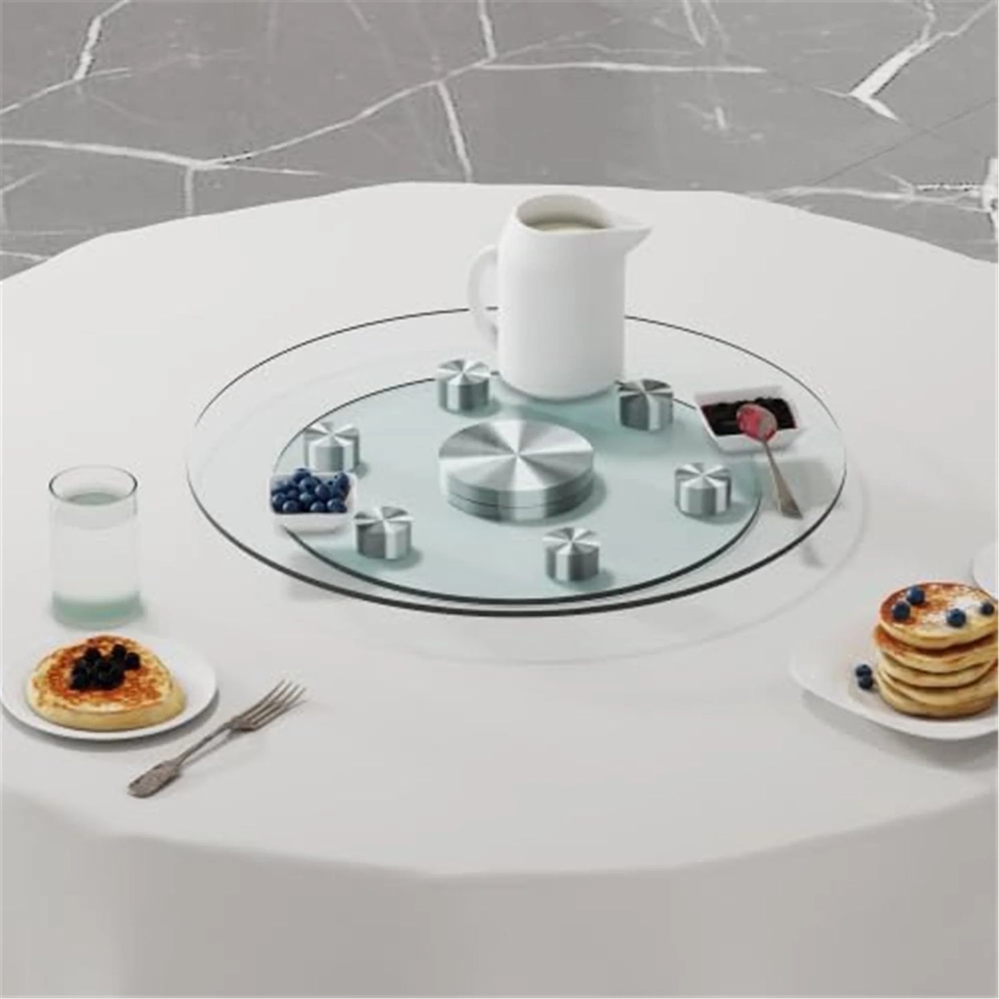 SUDICA 20" Transparent Tempered Glass Lazy Susan Turntable with Silver Base, Double Layer Dining Table Top