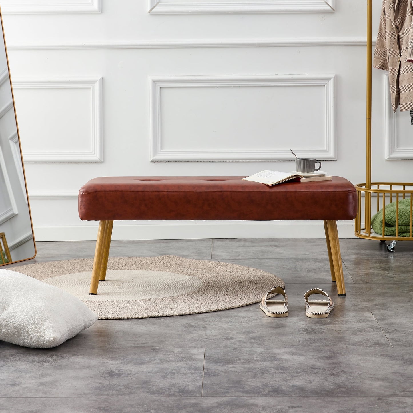 Sudica 45" Tufted Long Bench Upholstered PU Leather Bedroom Ottoman Bench Seat with Wood Legs for Living Room Entryway, Brown