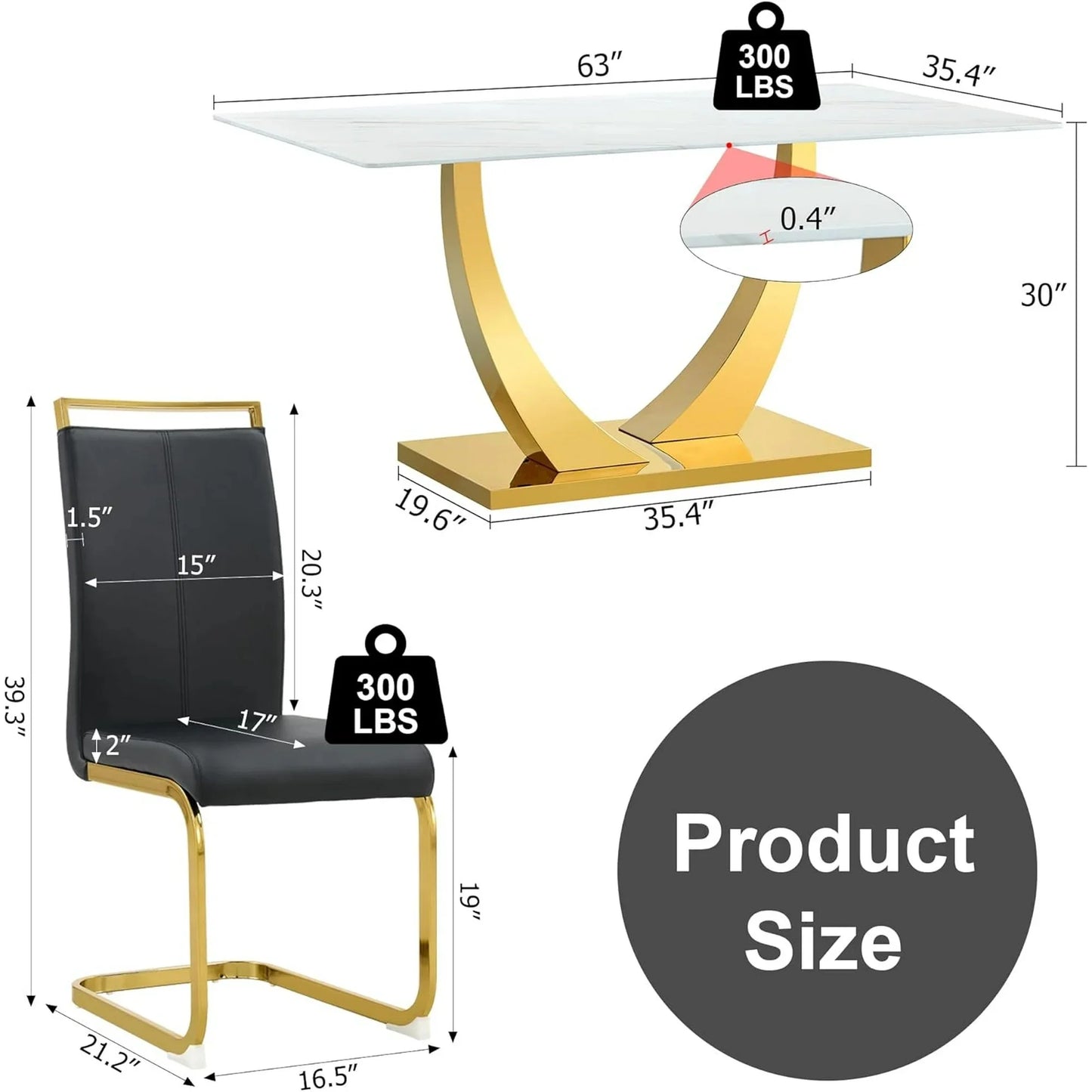 White and Gold Dining Table Set for 4, Faux Marble Dining Room Table Set for 4,63'' Rectangular Tempered Glass Top Kitchen Table Set and 4 Chairs for Dining Room Kitchen