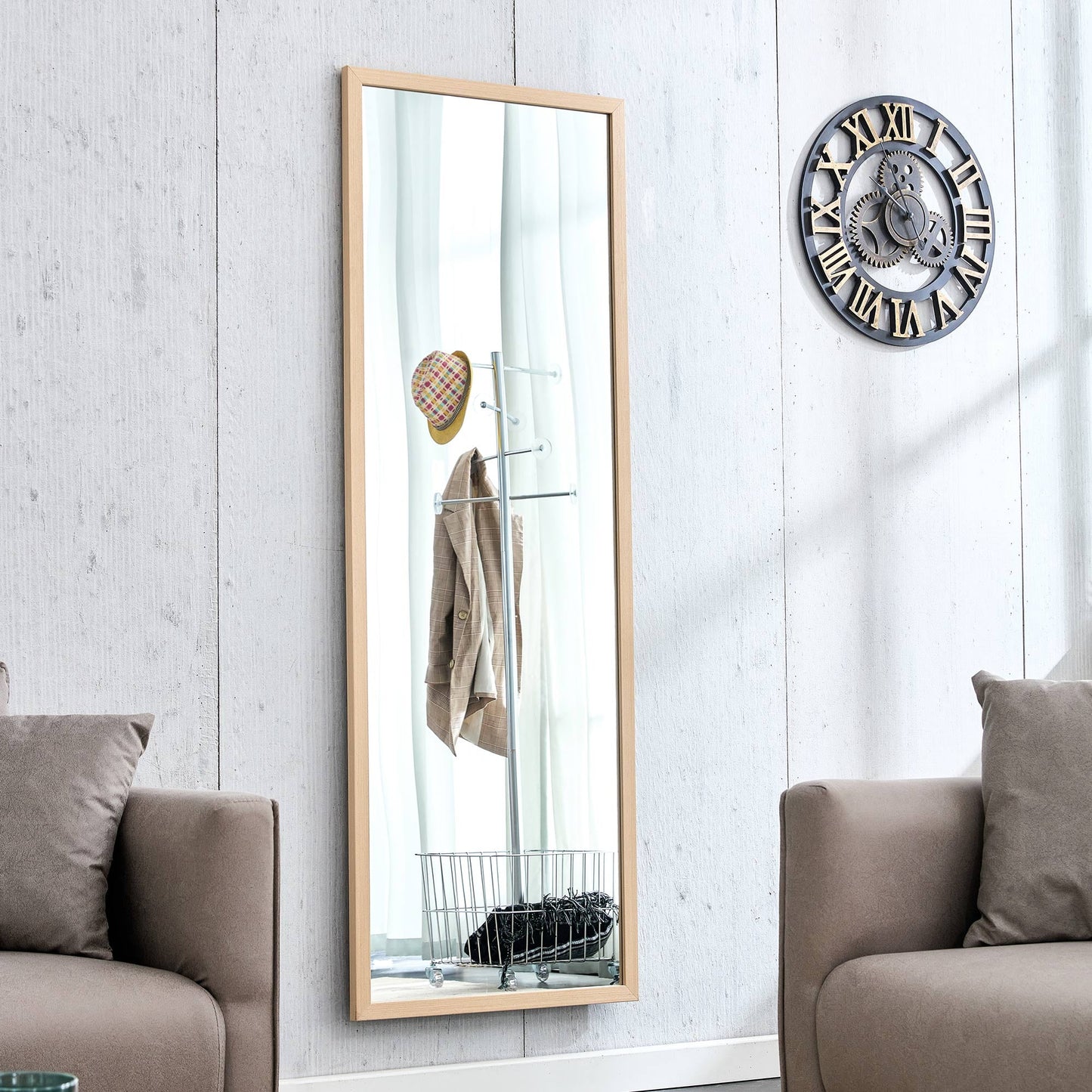 Wood Floor Mirror, 65"x 23" Sudica Thick Wooden Frame Full Body Mirror with Stand, Wall Mirror for Living Room, Wood