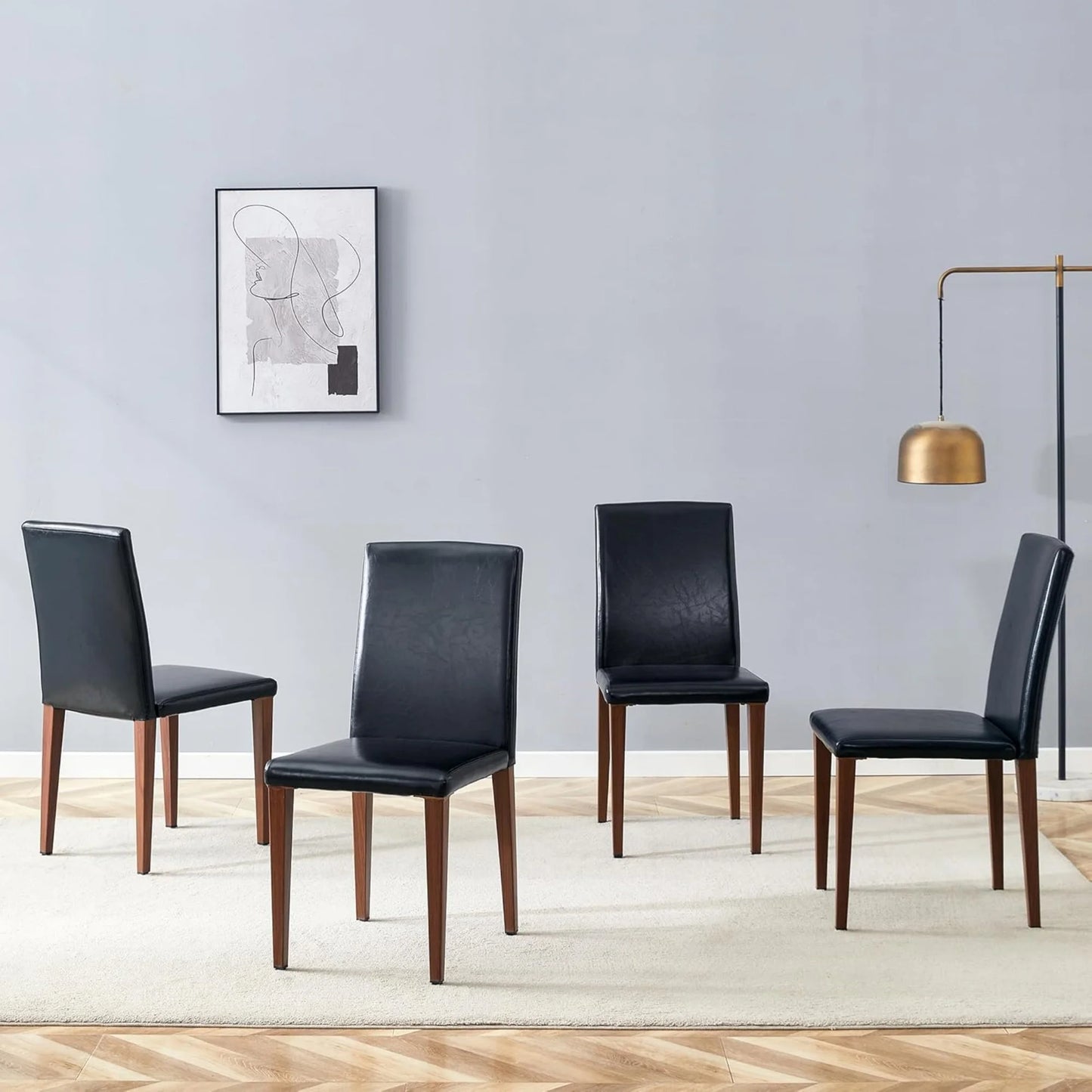 SUDICA Black Faux Leather Dining Chairs Set of 4, Walnut-Finish Metal Legs for Dining Room & Kitchen