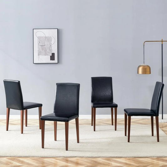 SUDICA Black Faux Leather Dining Chairs Set of 4, Walnut-Finish Metal Legs for Dining Room & Kitchen
