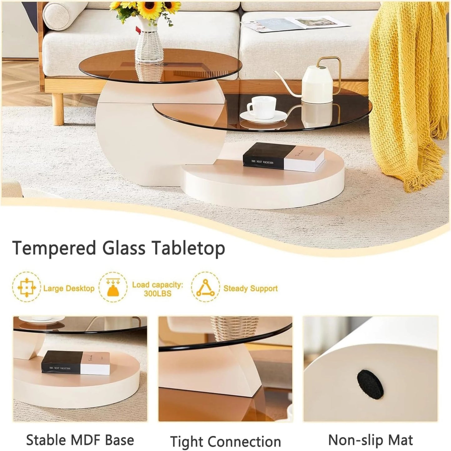 Sudica Modern Coffee Table with Double-layer Round Glass Tabletop 42" Tea Table with Brown Glass and White Faux Marble Patterned Base,Center Table for Living Room