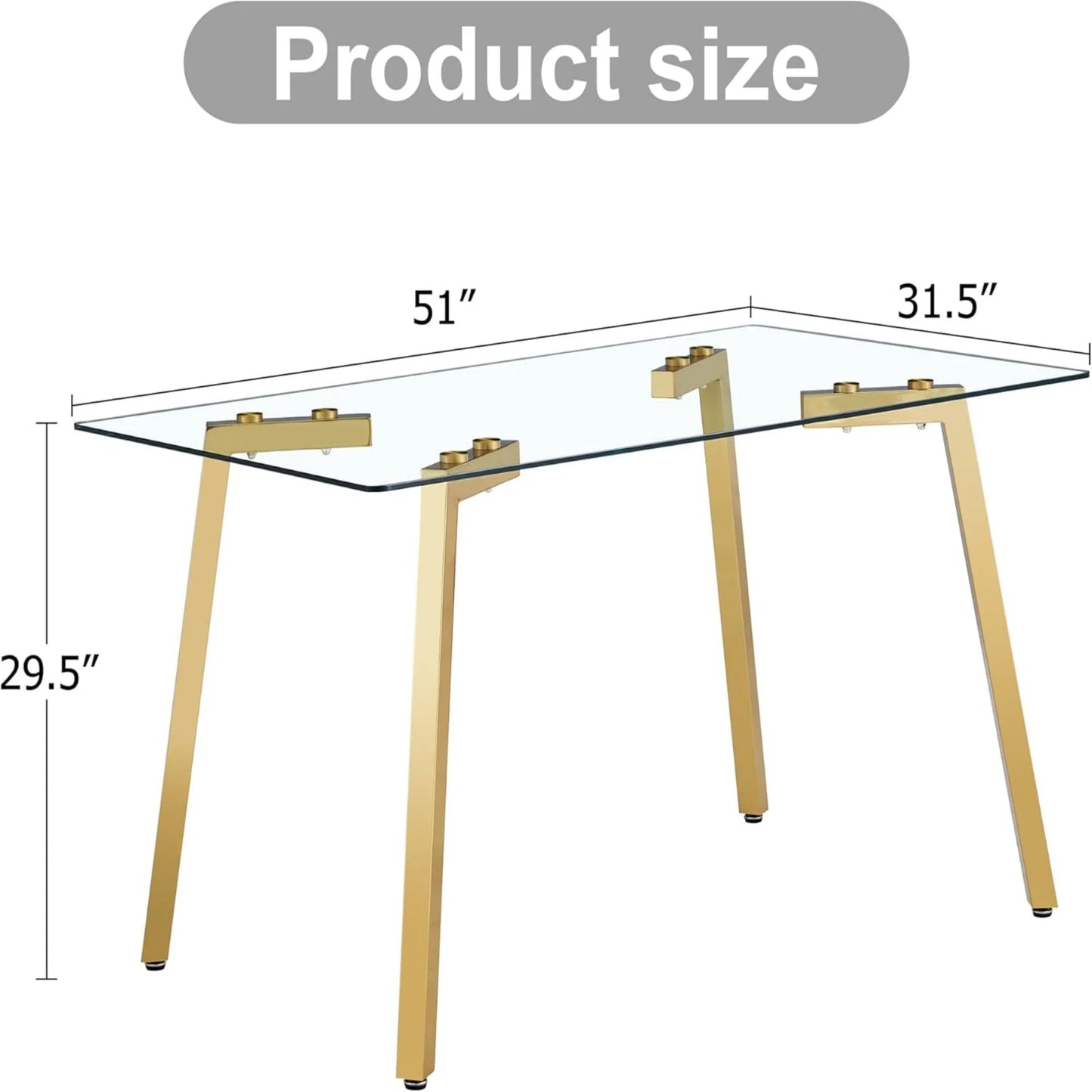 51" Glass Dining Table for 4, Sudica Clear Tempered Glass Modern Rectangular Kitchen Table with Metal Legs