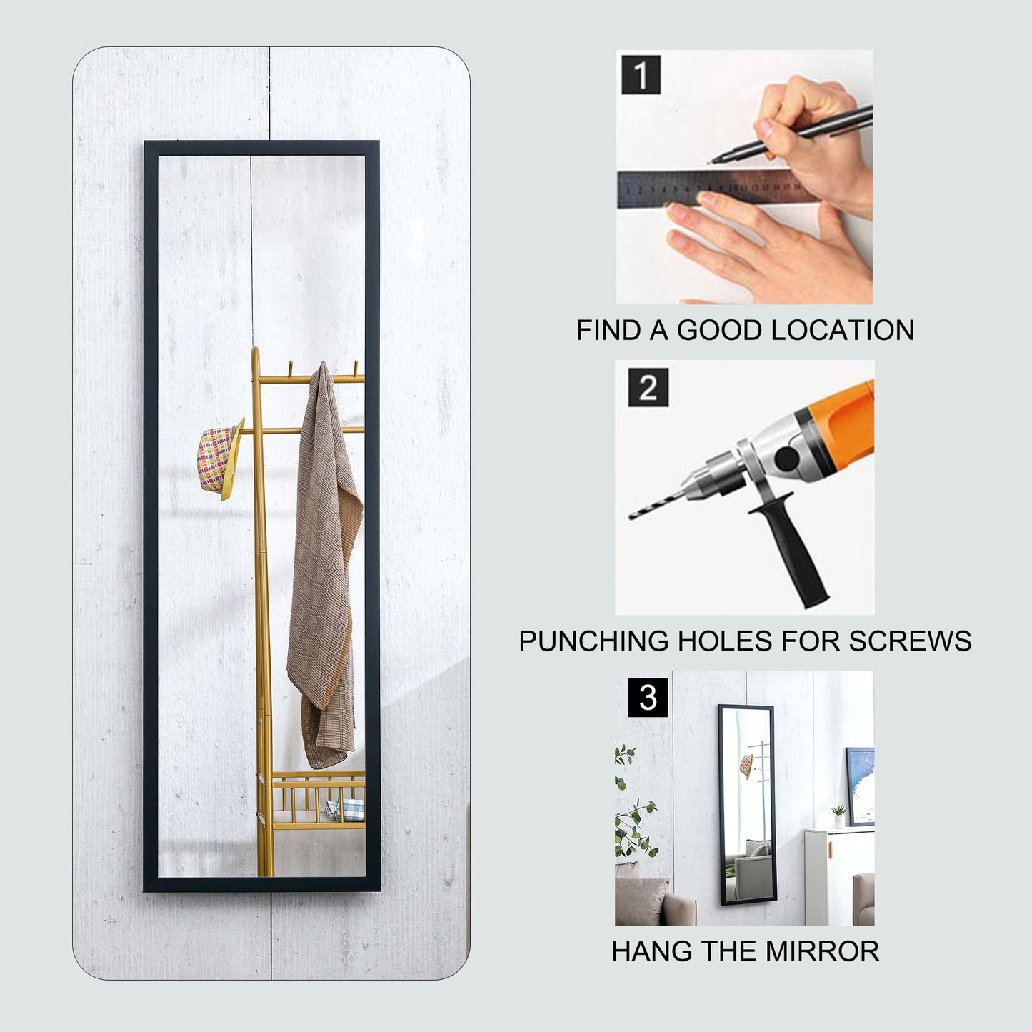 Wood Floor Mirror, 58"x 18" Sudica Thick Wooden Frame Full Body Mirror with Stand, Wall Mirror for Living Room, Black