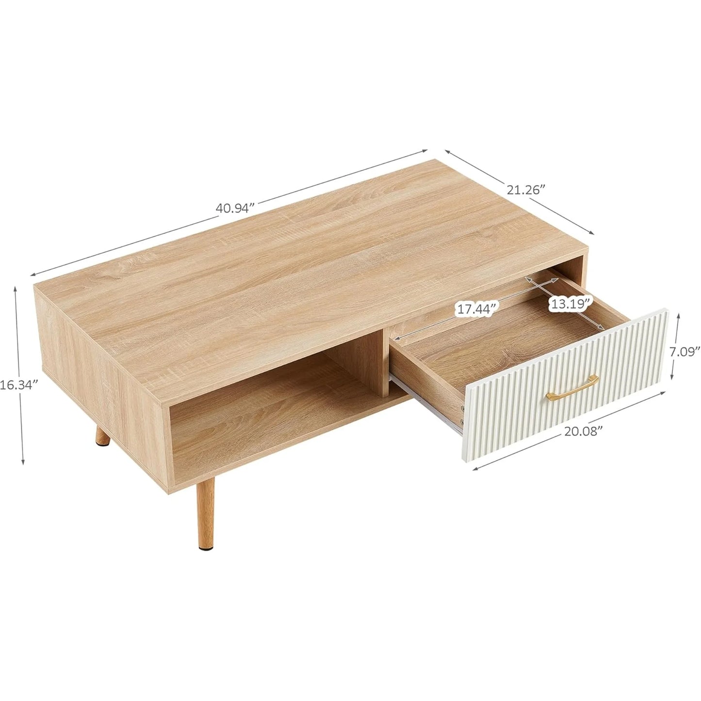 Mid Century Wooden Coffee Table with Stripe Drawer，Modern 41" Large Center Table with Storage，Rectangular Light Wood Coffee Tables for Living Room, 2-Tier Cocktail Table, Solid Wood Legs