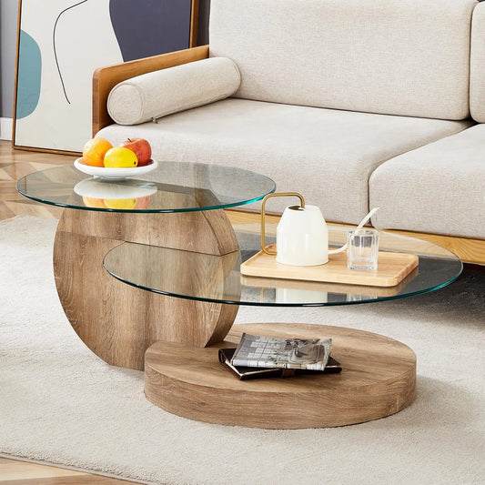 Sudica Modern Coffee Table with Double-layer Round Glass Tabletop 35.4" Tea Table with Natural Wood Faux Marble Patterned Base,Center Table for Living Room